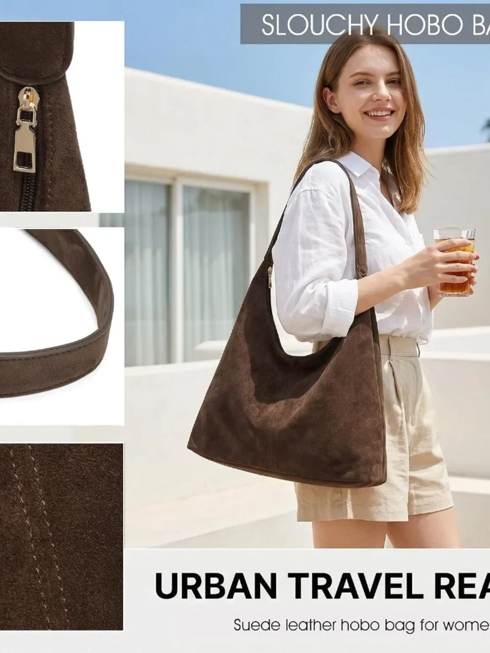 Slouchy Suede Hobo bag for Women Casual Shoulder Bag Soft Cresent Tote Purse Han